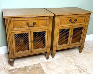 Set of 2 Vtg Solid Wood Matching Nightstands with Mesh Grille Double Doors 