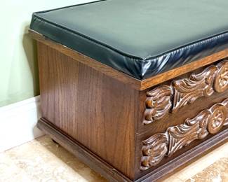 Carved Walnut Cedar Chest With Black Cushioned Top by Lane 