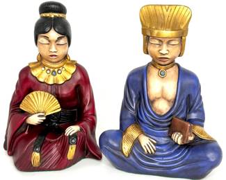 Arnel’s Ceramic Meditating Asian Man and Woman Sitting Statues 