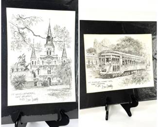 Set of 1976 Don Davey Sketches - St. Louis Cathedral & New Orleans Street Car 