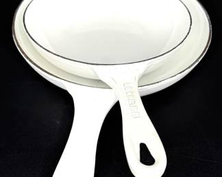 Set of 2 White Enamel Cast Iron Pans - One is Le Creuset and One is Not Marked