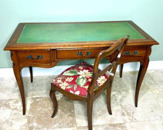 Vintage Solid Wood Writing Desk with Leather Inlay and Solid Wood Desk Chair