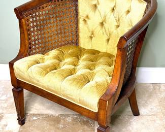 MCM Yellow Velvet Tufted Cane Barrel Back Chair 