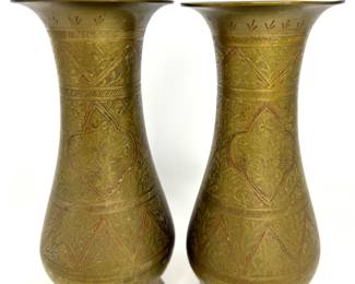 Set of 2 Brass Vases with Red Accents 