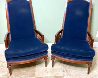 Set of 2 Vintage Blue Velvet High Back Victorian Hardwood Chairs w/ Spindle Arms 