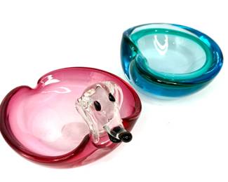 Set of 2 Vintage Blown Glass Ashtrays - Pink Dog and Teal Blue 