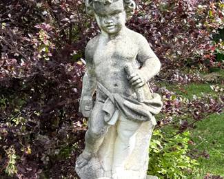 Tall Cement Neoclassical Cherub Statue on Pillar 