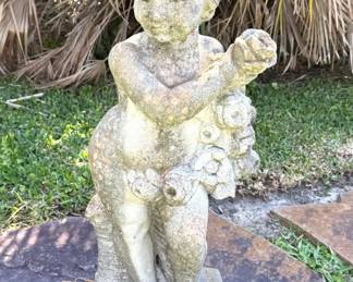 Concrete Cherub Neoclassical Garden Statue with Roses 