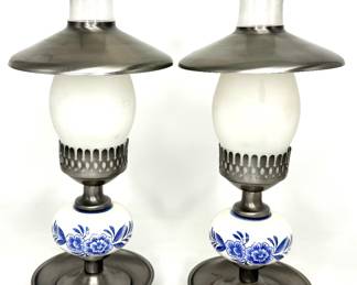 Vintage Blue and White Hurricane Lamp Candlestick Holders 