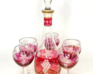 Vintage Cranberry Etched Decanter and 5 Glasses 