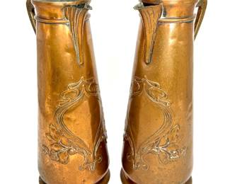 Set of 2 Vintage Copper Pitchers with Etched Design 