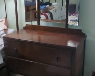 Vintage English Mahogany Two Drawer Dresser With Triple Mirror