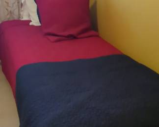 Twin Bed Frame with Reversible Burgundy/Navy Comforter Set