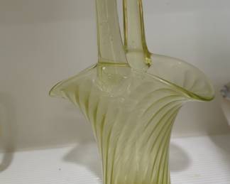Yellow Vaseline Glass Basket Vase