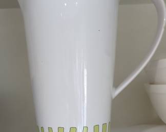 White Ceramic Pitcher with Green Square Pattern