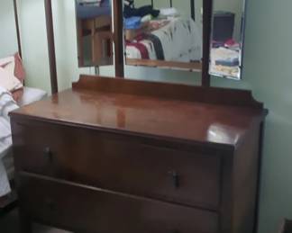 Vintage English Mahogany Two Drawer Dresser With Triple Mirror
