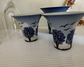 Blue and White Tree and Bird Motif Vase Set