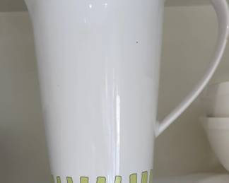 White Ceramic Pitcher with Green Square Pattern