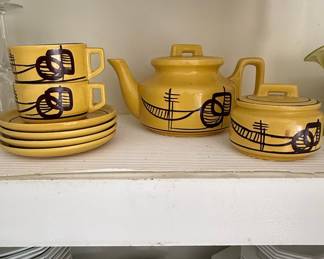 Mid-Century Modern Yellow Ceramic Tea Set with Abstract Design