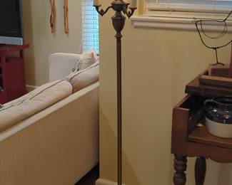 Vintage Brass Three-Arm Candelabra Torchiere Floor Lamp with Frosted Glass Shade