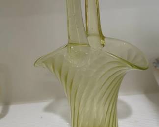 Yellow Vaseline Glass Basket Vase