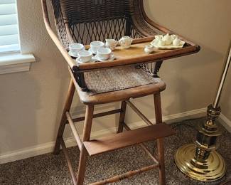 Antique high chair and toy tea sets