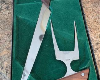 Mid Century Modern Serving poker fork knife wood handles stainless steel.