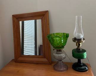 Nice Green Glass Lamps and Pine Mirror