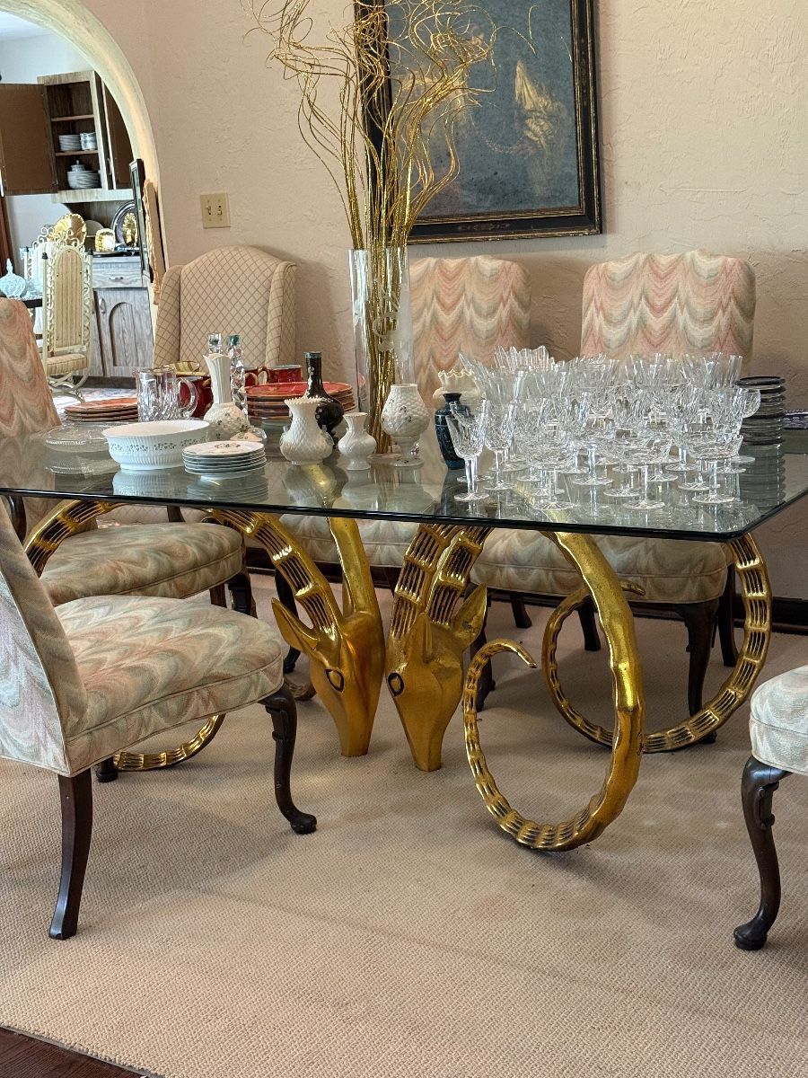 Ibex brass table with glass top Alain Chervet style, Waterford glassware, Belleek, etc.