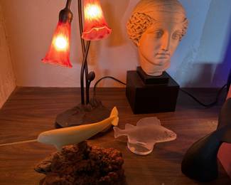 Pair pink Tulip lamps, Perry Sword fish, bust of Hygieia Greek goddess of health