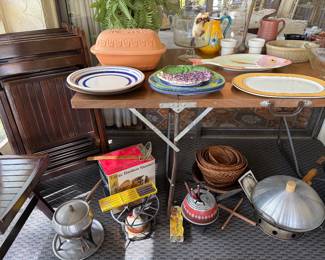 Fondue pots, wok, various china and glass