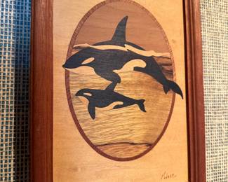 Inlaid wood whale art