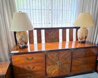 Beautiful Basset chinoiserie dresser, headboard,  nice Asian lamps
