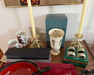 Lenox Holiday, lacquerware, wrought iron candle holders, etc