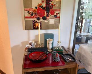 Server with lacquerware and Lenox holiday, above vtg art lithograph