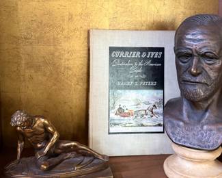 French patinated bronze of the Dying Gaul Figure & Freud bust , plus currier & Ives illustrated book