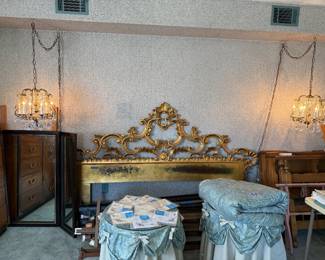 Gold Italian Rococo style bed, pair hanging chandeliers mid century Parisian style