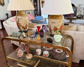 MCM Milo Baughman style bar cart, pair asian style lamps, various glass & Native American items