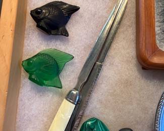 Lalique, letter openers, malachite and hematite stones