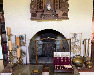 Antique beautiful Alter piece, side tables, various brass and mixed metals, silverplate set