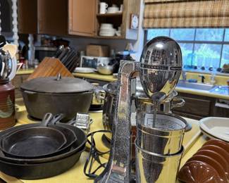 Hamilton Beach vtg drink mixer/ milkshakes, etc, cast iron skillets