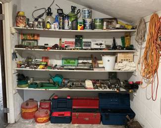 Tool boxes, sprayers, chemicals, gas cans, hand tools, etc