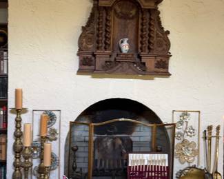 Antique Alter piece, MCM side tables, various brass including pr mixed metal MCM wall sculptures