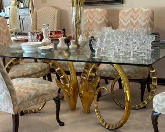 Ibex brass table with glass top Alain Chervet style, Waterford glassware, Belleek, etc.