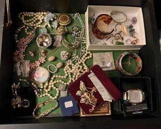 Various pearls, vintage jewelry, Kenneth Cole watch, enamel, gold filled etc.