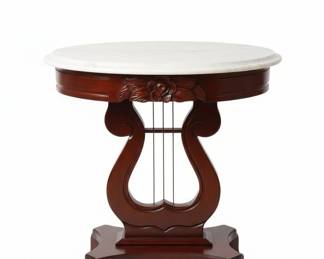 Victorian Style Mahogany Lyre Harp Pedestal Table with Marble Top