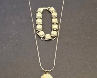 Vintage Jadeite and Sterling Silver Necklace and Bracelet Set