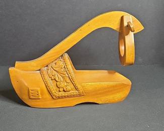Vintage Carved Wooden Clog Bottle Holder