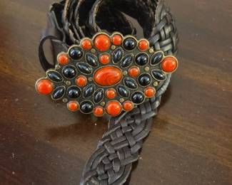 Woven Leather Belt with Ornate Concho Buckle