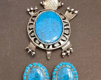 Turtle Pendant and Earrings Set with TurquoiseColor Stones